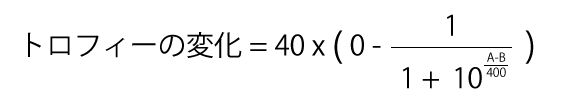 敗北時のトロフィー計算式=40*[0-1/{1+10^(A-B)/400}]